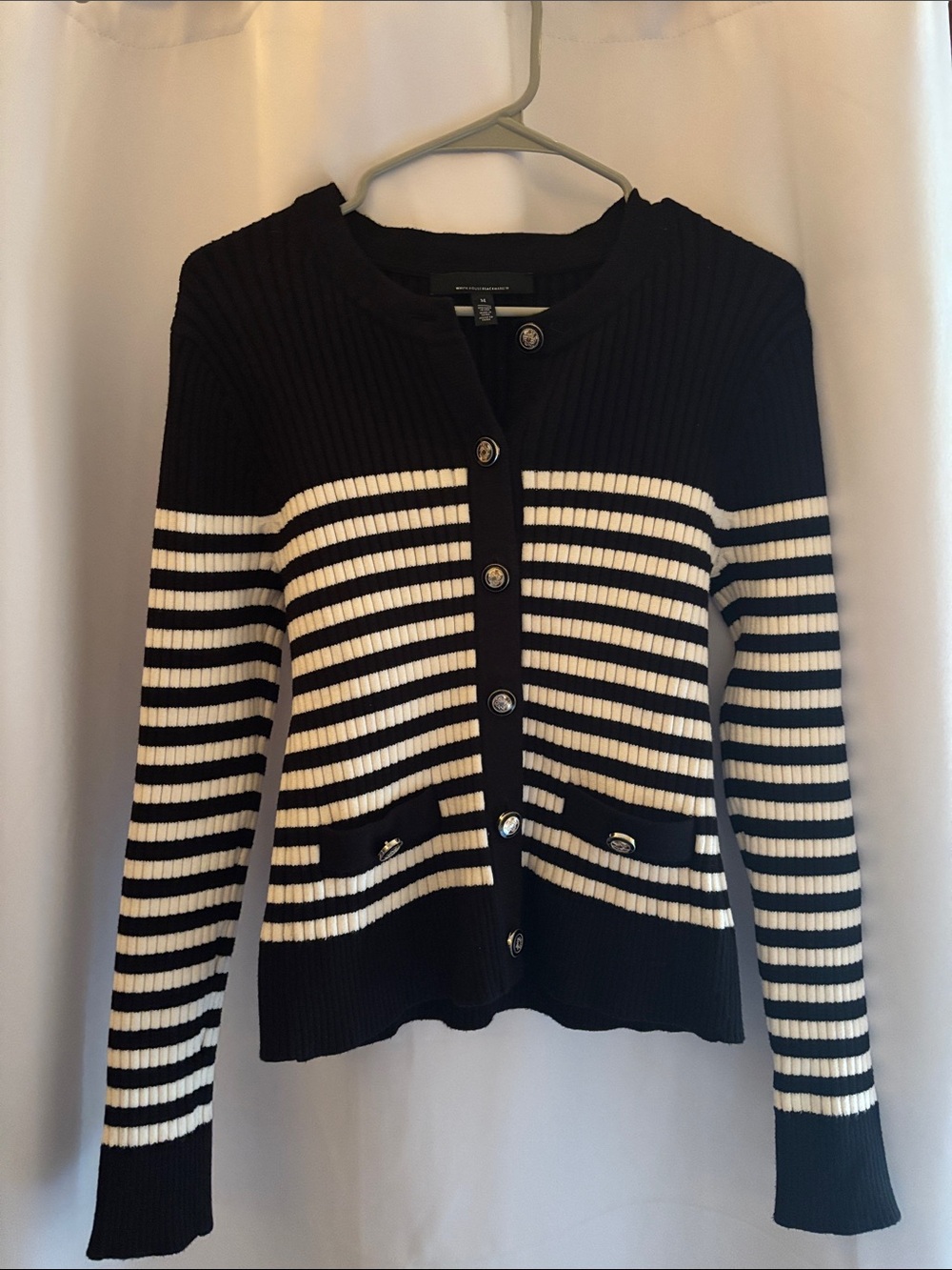 Black & White Striped Ribbed Knit Cardigan Sweater White House Black Market